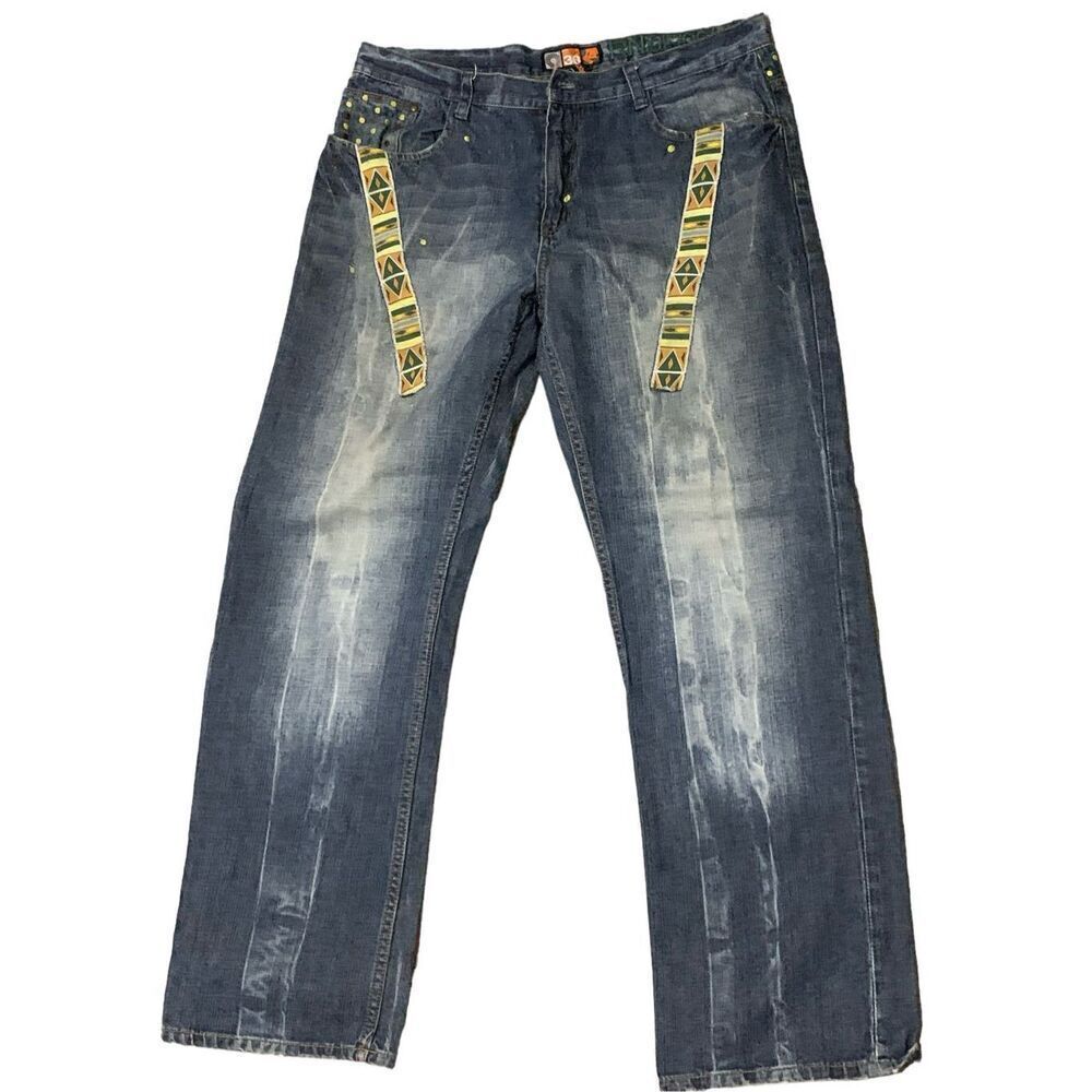 RARE VINTAGE Akademiks Jeans Mens Blue embroidered Faded Hip Hop Y2K  SIZE 36 GO